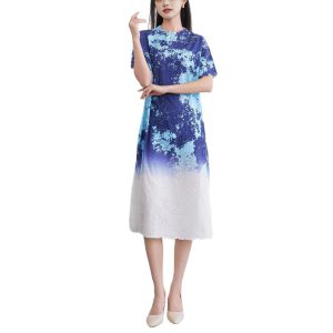 Wrinkle tie dye round neck short sleeved mid length skirt